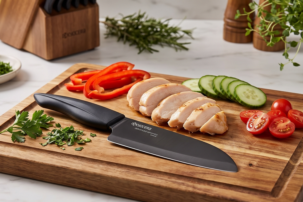 Kyocera Innovation Series Ceramic 5.5" Santoku Knife, with Soft Touch Ergonomic Handle-Black Blade, Black Handle