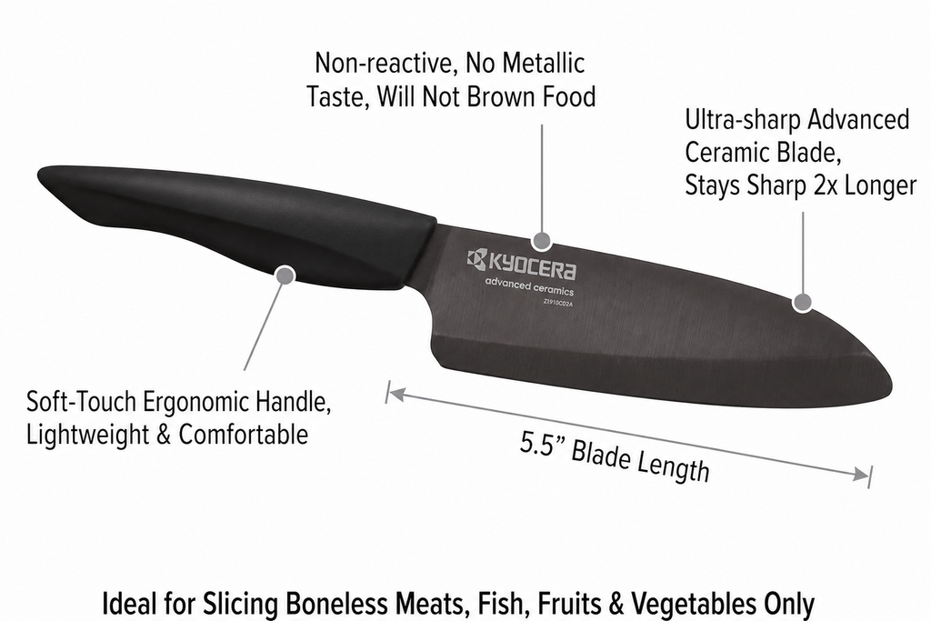 Kyocera Innovation Series Ceramic 5.5" Santoku Knife, with Soft Touch Ergonomic Handle-Black Blade, Black Handle